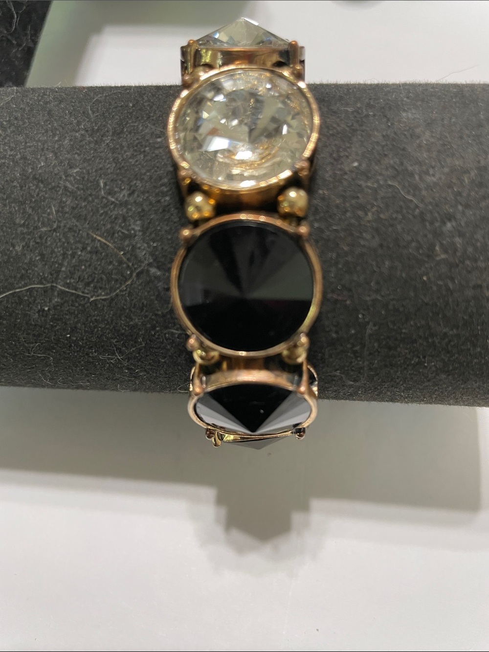 Crystal & Black Stone Stretch Bracelet - Gold Tone.  9/6/6/2